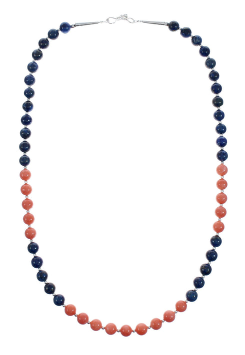 Genuine Pink Coral And Lapis Sterling Silver Navajo Bead Necklace X10286